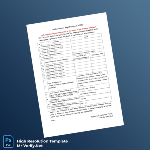 Editable India MSME Registration Declaration Word and Pdf Template 2 page