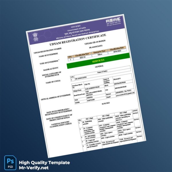 India MSME Udyam Registration Certificate Template in Word and PDF formats 2 page India MSME Udyam Registration Certificate Template in Word and PDF formats 2 page