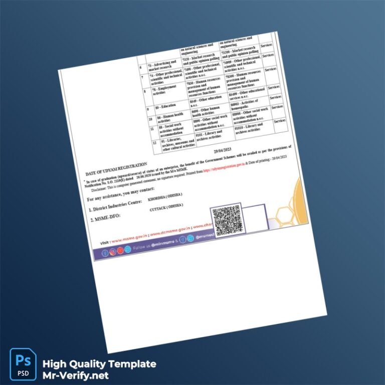India MSME Udyam Registration Certificate Template
