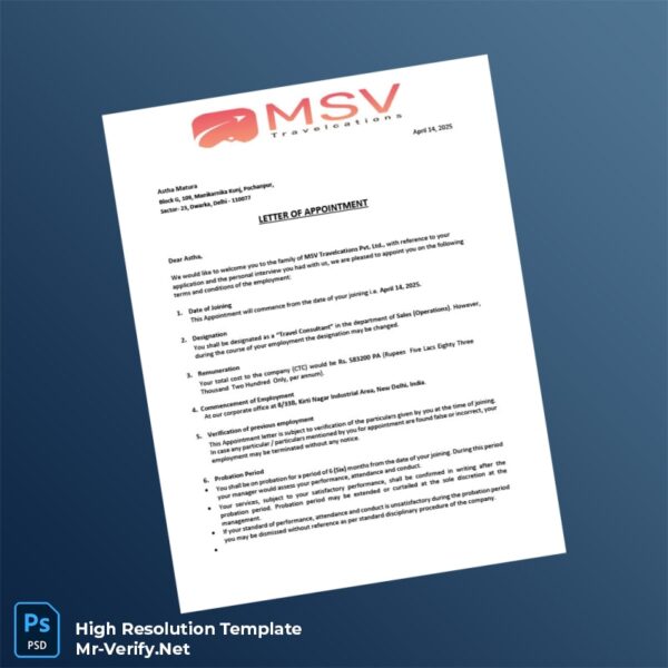 Editable India MSV Travelcations Pvt Ltd Employment Verification Letter Word and Pdf Template 6 page