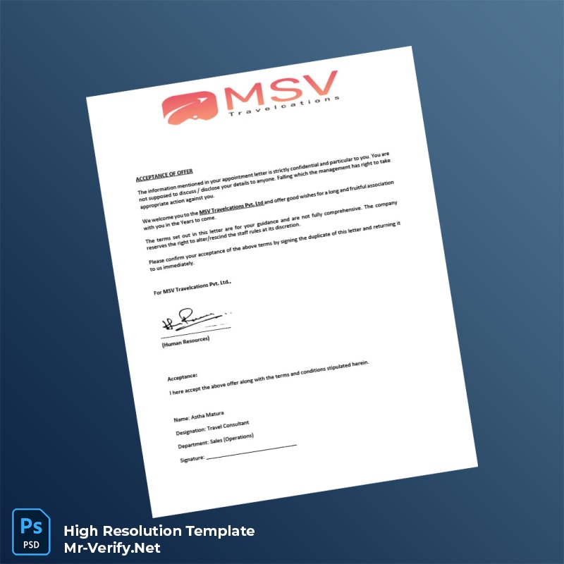 Editable India MSV Travelcations Pvt Ltd Employment Verification Letter Word and Pdf Template 6 page Editable India MSV Travelcations Pvt Ltd Employment Verification Letter Word and Pdf Template 6 page