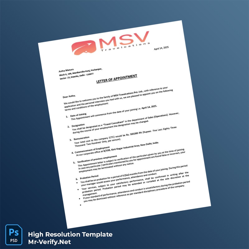 Editable India MSV Travelcations Pvt Ltd Employment Verification Letter Word and Pdf Template 6 page Editable India MSV Travelcations Pvt Ltd Employment Verification Letter Word and Pdf Template 6 page