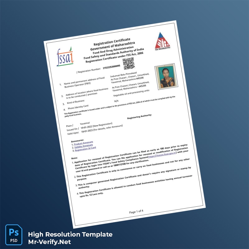 Editable India Maharashtra Food Business Registration Certificate Word and Pdf Template 4 page Editable India Maharashtra Food Business Registration Certificate Word and Pdf Template 4 page
