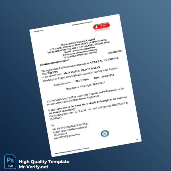 India Maharashtra Nursing Council Registration Certificate Template in Word and PDF formats 2 page