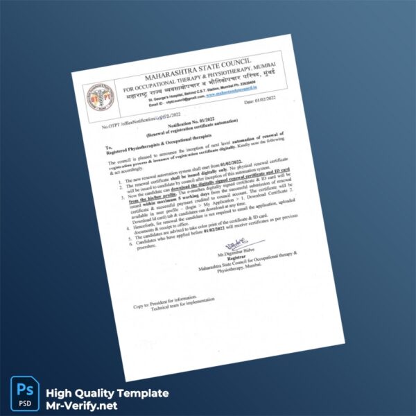 India Maharashtra State Council for Occupational Therapy and Physiotherapy Registration Certificate Template in Word and PDF for India Maharashtra State Council for Occupational Therapy and Physiotherapy Registration Certificate Template in Word and PDF for
