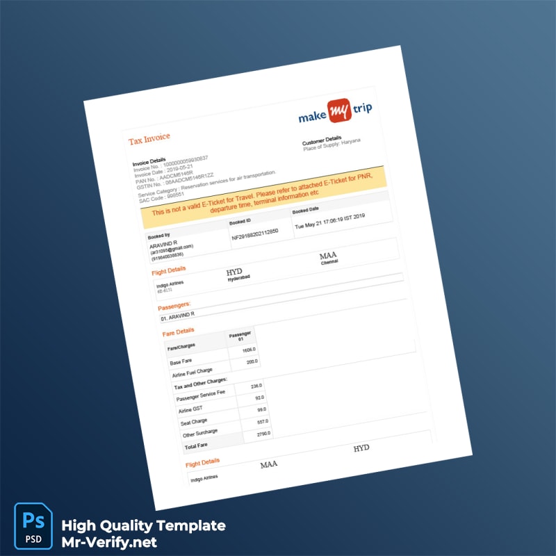 India MakeMyTrip Invoice Template in Word and PDF formats 3 page India MakeMyTrip Invoice Template in Word and PDF formats 3 page
