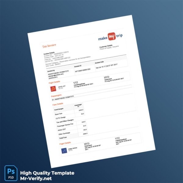 India MakeMyTrip Tax Invoice Template in Word and PDF formats 3 page
