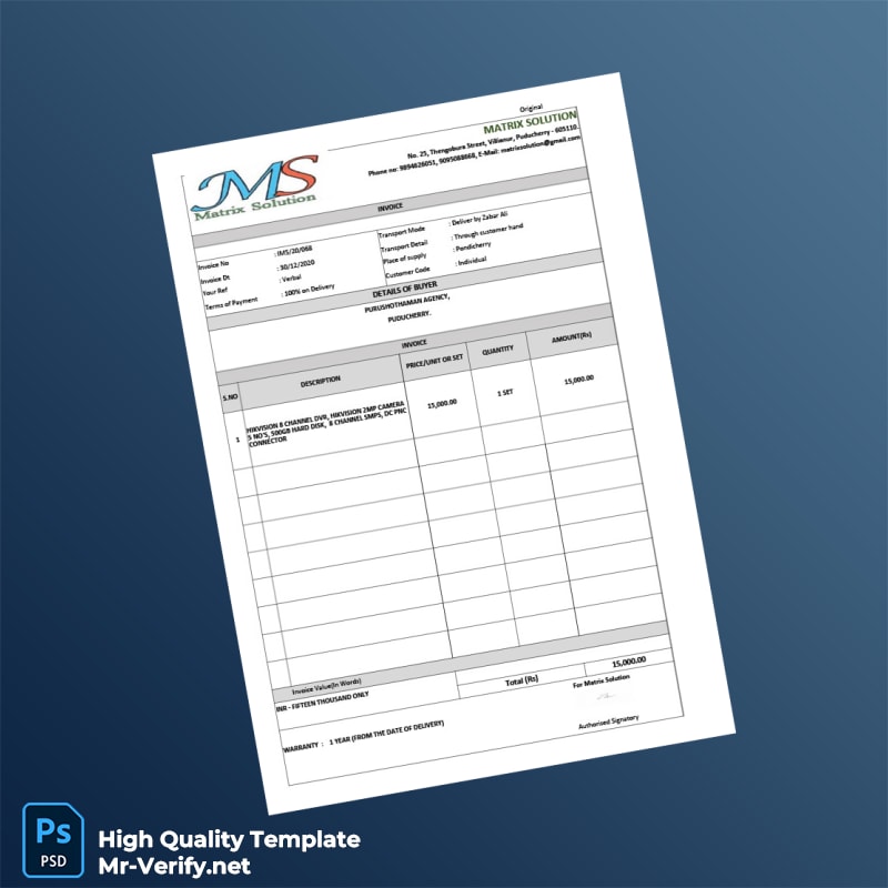 India Matrix Solution Invoice Template in Word and PDF formats India Matrix Solution Invoice Template in Word and PDF formats