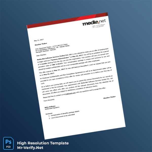 Editable India Media Net Software Services India Pvt Ltd Employment Verification Letter Word and Pdf Template 3 page