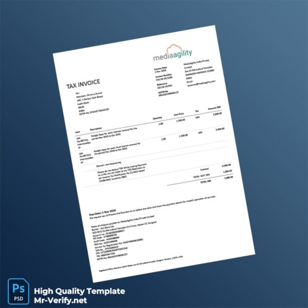 India MediaAgility India Private Limited Invoice Template in Word and PDF formats 2 page