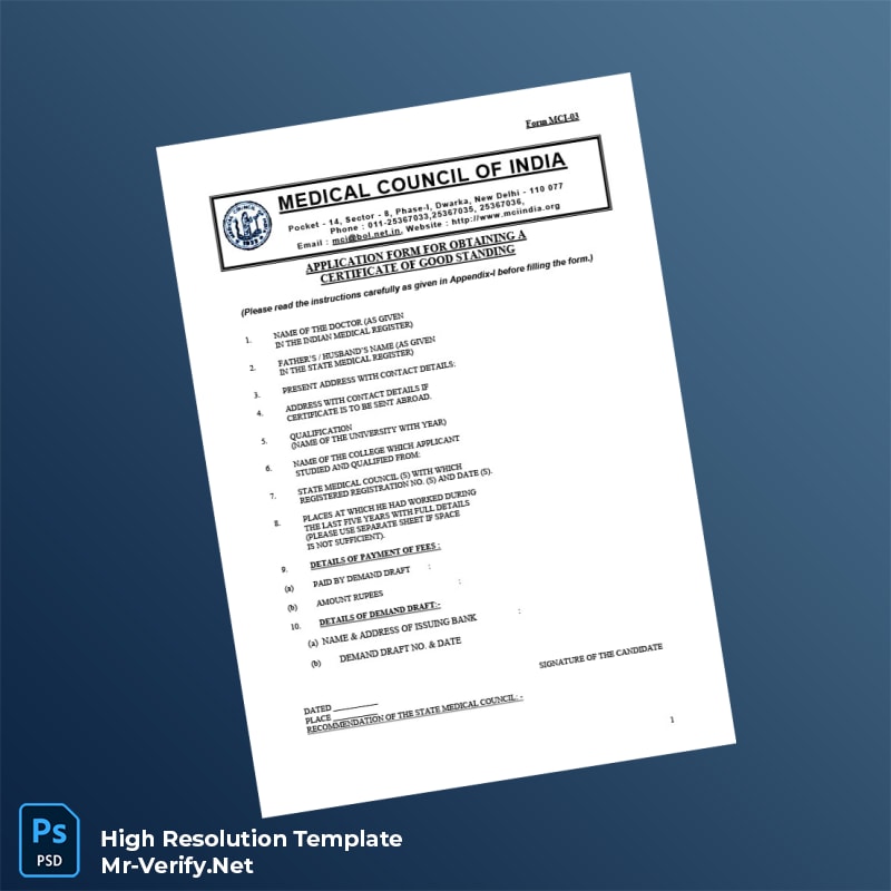 Editable India Medical Council Certificate of Good Standing Word and Pdf Template 5 page Editable India Medical Council Certificate of Good Standing Word and Pdf Template 5 page