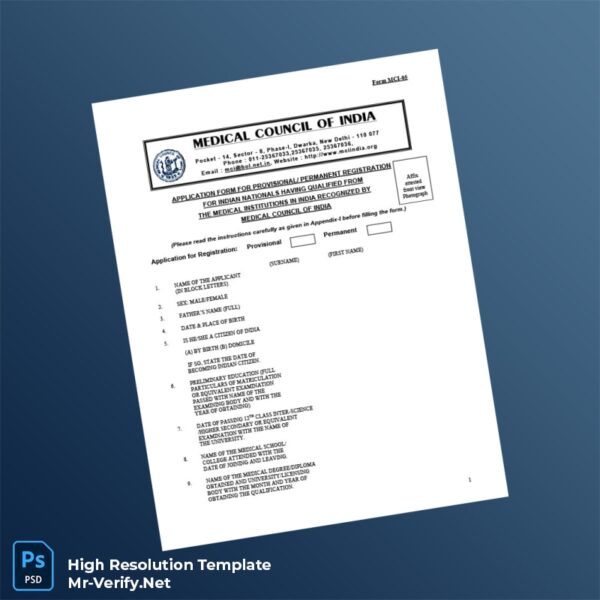 Editable India Medical Council Provisional Permanent Registration Certificate Word and Pdf Template 8 page