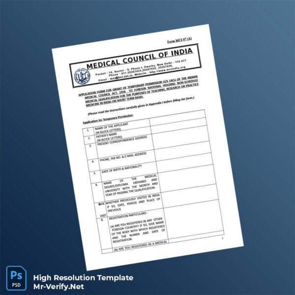 Editable India Medical Council of India Temporary Registration Certificate Word and Pdf Template 5 page