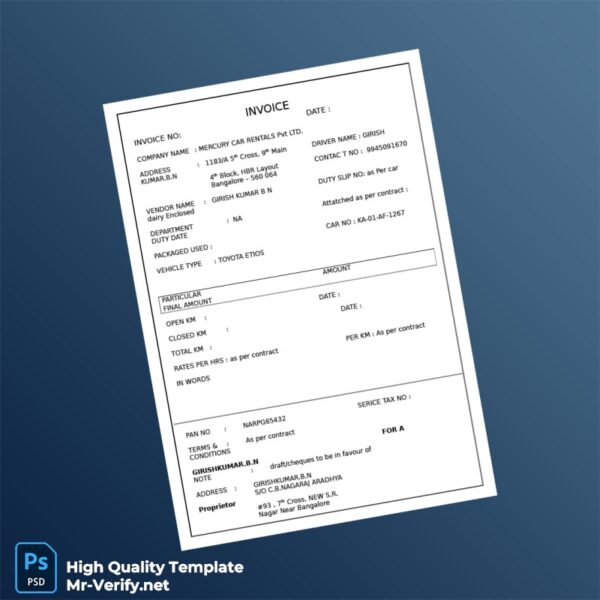 India Mercury Car Rentals Invoice Template in Word and PDF formats 2 page India Mercury Car Rentals Invoice Template in Word and PDF formats 2 page