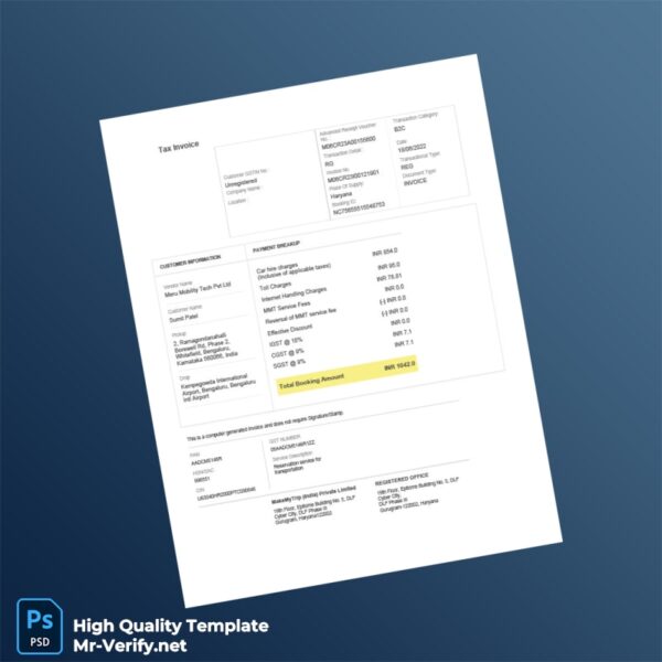 India Meru Mobility Tech Pvt Ltd Tax Invoice Template in Word and PDF formats