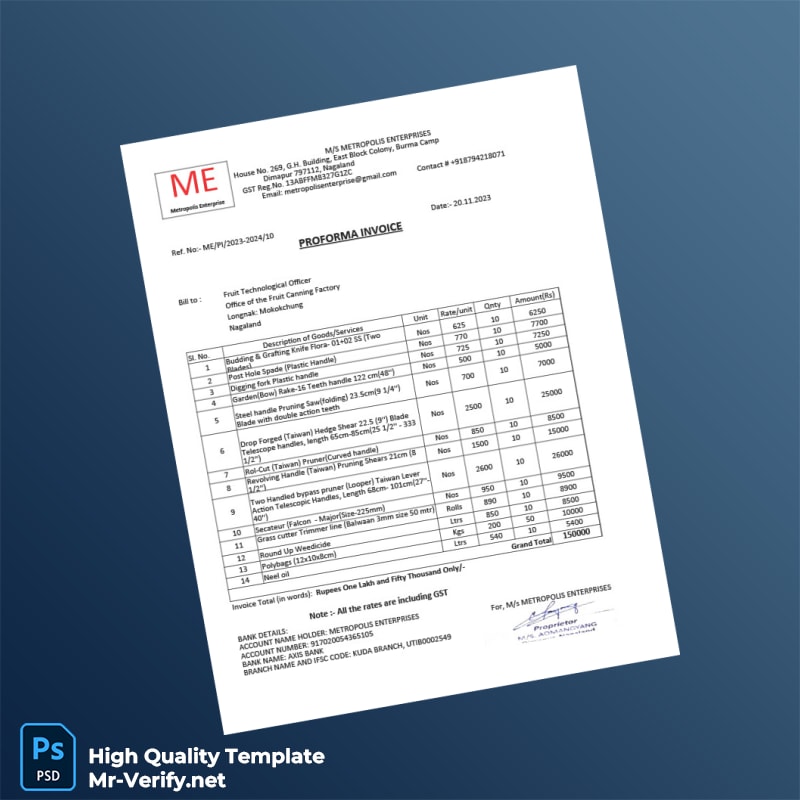 India Metropolis Enterprises Proforma Invoice Template in Word and PDF formats 6 page India Metropolis Enterprises Proforma Invoice Template in Word and PDF formats 6 page