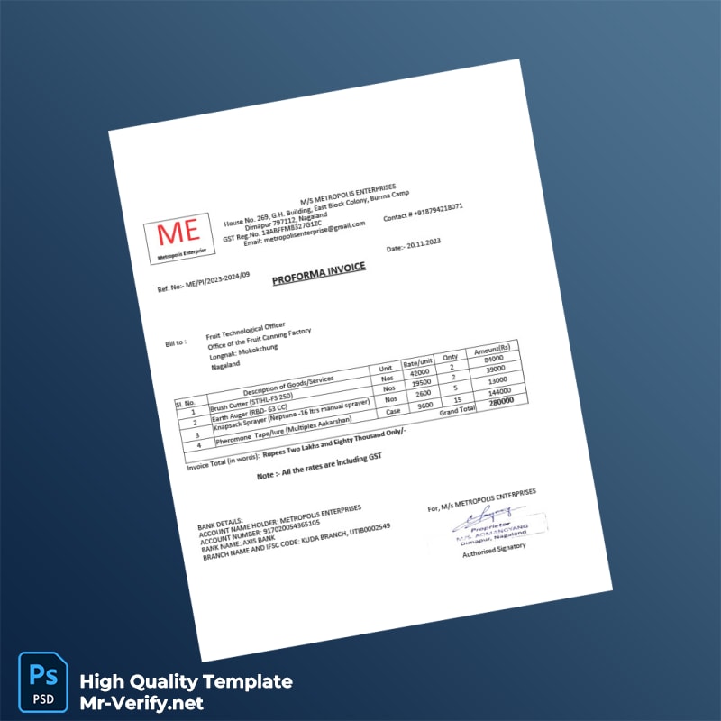 India Metropolis Enterprises Proforma Invoice Template in Word and PDF formats 6 page India Metropolis Enterprises Proforma Invoice Template in Word and PDF formats 6 page