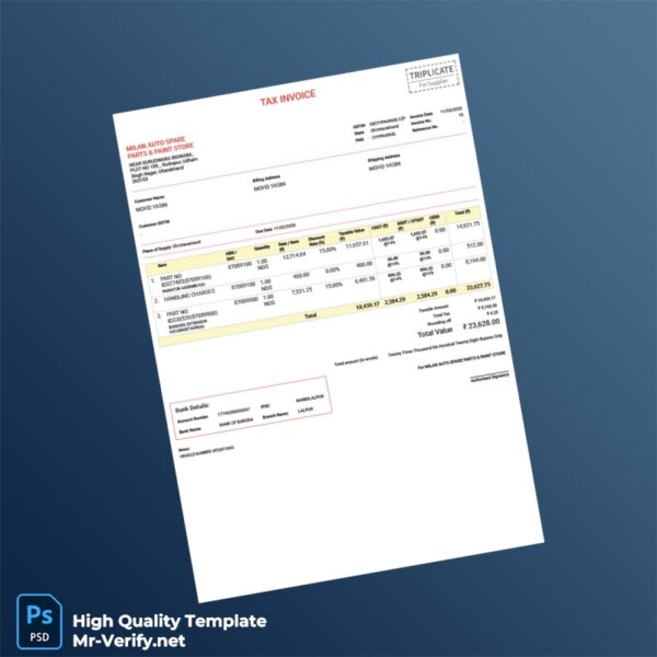 India Milan Auto Spare Parts Paint Store Invoice Template in Word and PDF formats India Milan Auto Spare Parts Paint Store Invoice Template in Word and PDF formats