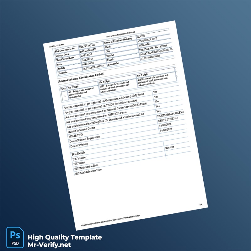 India Ministry of Commerce Editable Udyam Registration Certificate Template in Word and PDF formats 4 page India Ministry of Commerce Editable Udyam Registration Certificate Template in Word and PDF formats 4 page