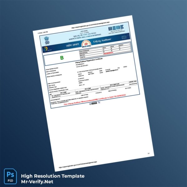 Editable India Ministry of Commerce Udyog Aadhaar Registration Certificate Word and Pdf Template 4 page Editable India Ministry of Commerce Udyog Aadhaar Registration Certificate Word and Pdf Template 4 page