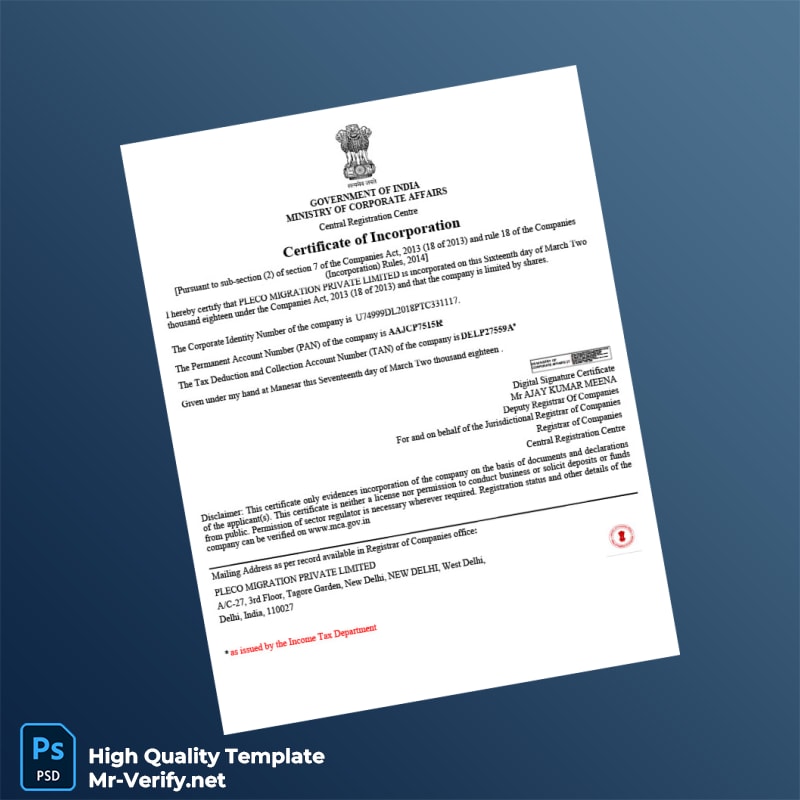 India Ministry of Corporate Affairs Certificate of Incorporation Template in Word and PDF formats India Ministry of Corporate Affairs Certificate of Incorporation Template in Word and PDF formats