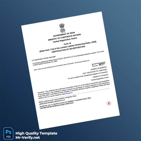 India Ministry of Corporate Affairs Registration Certificate Template in Word and PDF formats India Ministry of Corporate Affairs Registration Certificate Template in Word and PDF formats