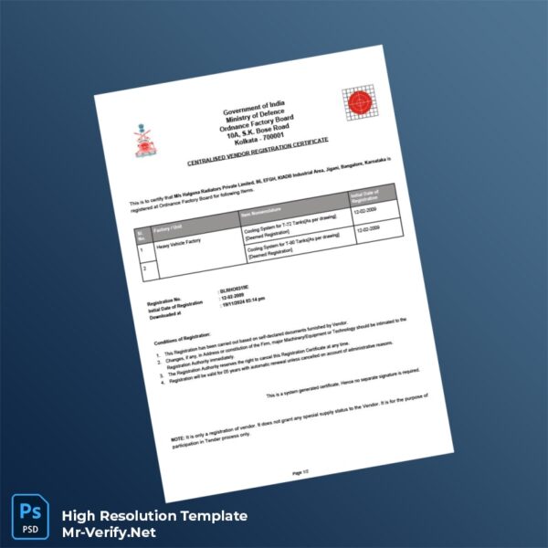 India Ministry of Defence Centralised Vendor Registration Certificate Word and Pdf Template 2 page India Ministry of Defence Centralised Vendor Registration Certificate Word and Pdf Template 2 page