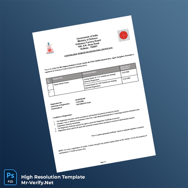 India Ministry of Defence Centralised Vendor Registration Certificate Word and Pdf Template 2 page India Ministry of Defence Centralised Vendor Registration Certificate Word and Pdf Template 2 page