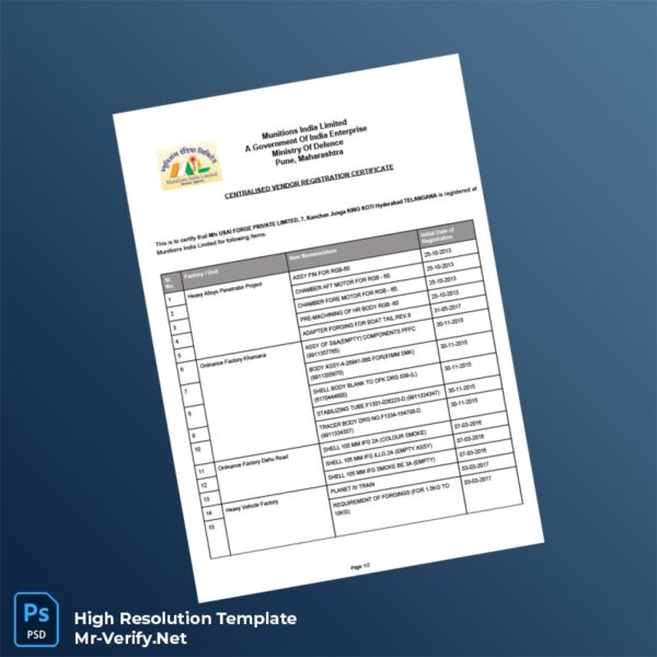 India Ministry of Defence Editable Central Vendor Registration Certificate Word and Pdf Template 2 page India Ministry of Defence Editable Central Vendor Registration Certificate Word and Pdf Template 2 page