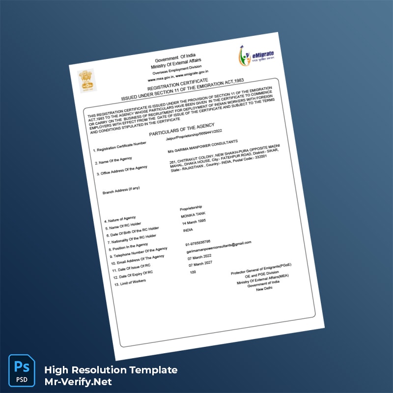 Editable India Ministry of External Affairs Registration Certificate Word and Pdf Template 3 page Editable India Ministry of External Affairs Registration Certificate Word and Pdf Template 3 page