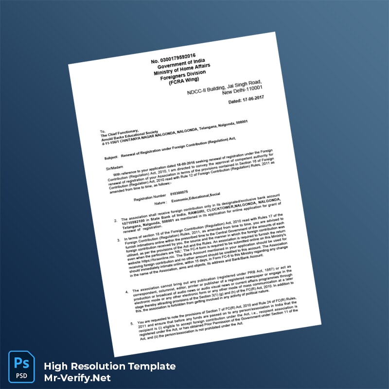 Editable India Ministry of Home Affairs FCRA Registration Renewal Certificate Word and Pdf Template 2 page Editable India Ministry of Home Affairs FCRA Registration Renewal Certificate Word and Pdf Template 2 page