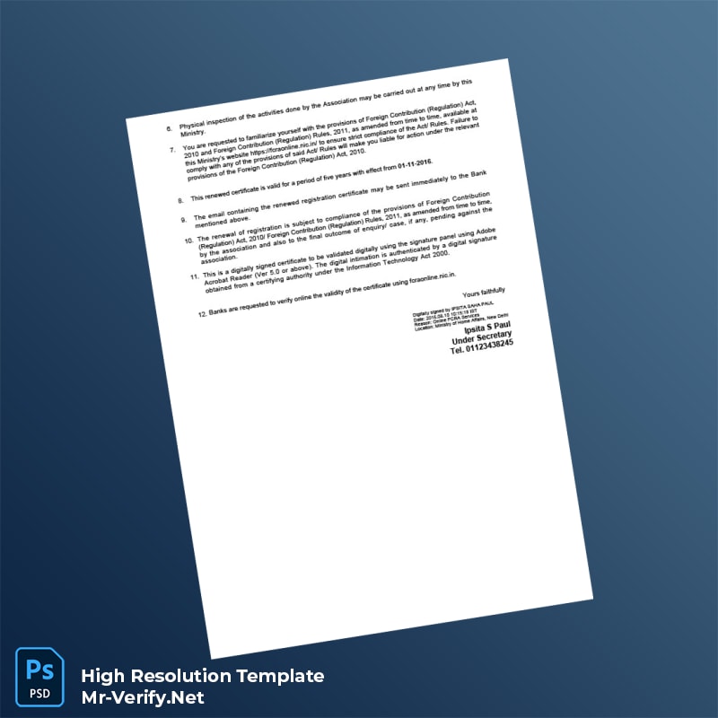 Editable India Ministry of Home Affairs FCRA Renewal Certificate Word and Pdf Template 2 page Editable India Ministry of Home Affairs FCRA Renewal Certificate Word and Pdf Template 2 page