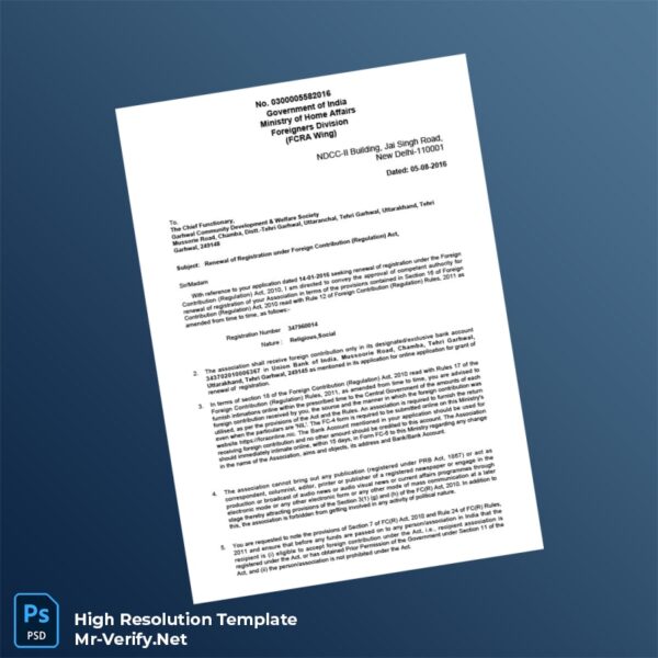 Editable India Ministry of Home Affairs Renewal Certificate under Foreign Contribution Regulation Act Word and Pdf Template 2 page Editable India Ministry of Home Affairs Renewal Certificate under Foreign Contribution Regulation Act Word and Pdf Template 2 page