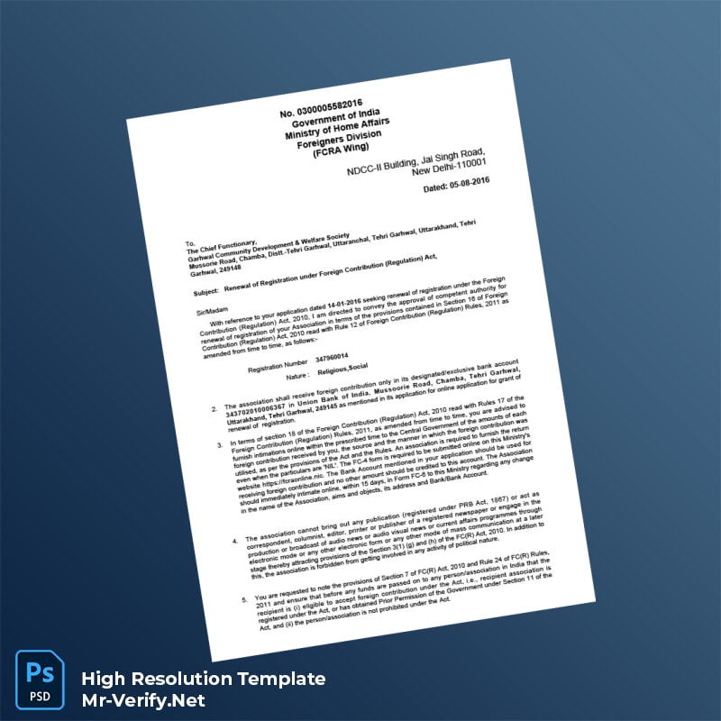 Editable India Ministry of Home Affairs Renewal Certificate under Foreign Contribution Regulation Act Word and Pdf Template 2 page Editable India Ministry of Home Affairs Renewal Certificate under Foreign Contribution Regulation Act Word and Pdf Template 2 page