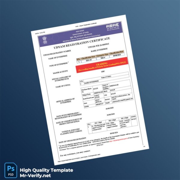 India Ministry of MSME Editable Udyam Registration Certificate Template in Word and PDF formats 4 page India Ministry of MSME Editable Udyam Registration Certificate Template in Word and PDF formats 4 page