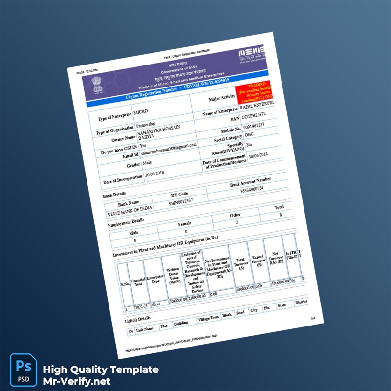 India Ministry of MSME Editable Udyam Registration Certificate Template in Word and PDF formats 4 page India Ministry of MSME Editable Udyam Registration Certificate Template in Word and PDF formats 4 page
