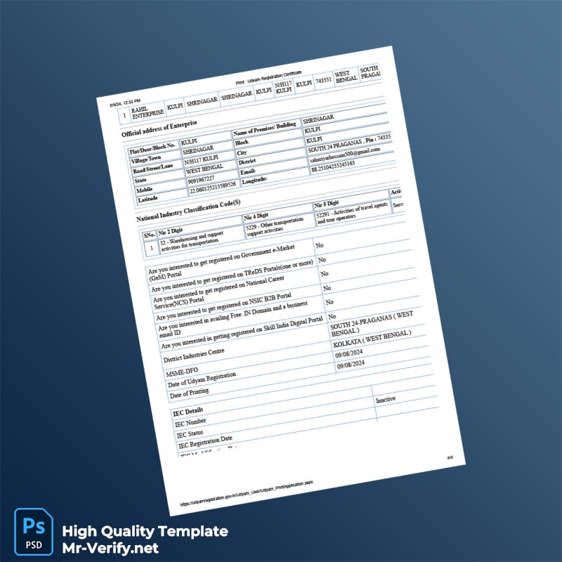 India Ministry of MSME Editable Udyam Registration Certificate Template in Word and PDF formats 4 page India Ministry of MSME Editable Udyam Registration Certificate Template in Word and PDF formats 4 page