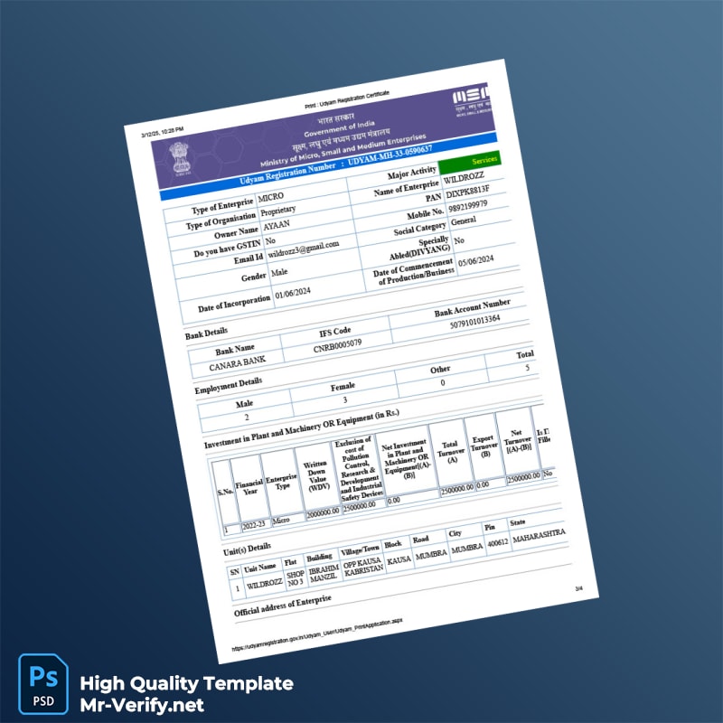 India Ministry of MSME Udyam Registration Certificate Template in Word and PDF formats 4 page India Ministry of MSME Udyam Registration Certificate Template in Word and PDF formats 4 page