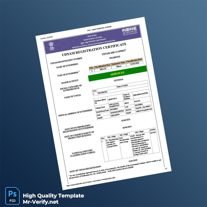 India Ministry of MSME Udyam Registration Certificate Template in Word and PDF formats 4 page India Ministry of MSME Udyam Registration Certificate Template in Word and PDF formats 4 page