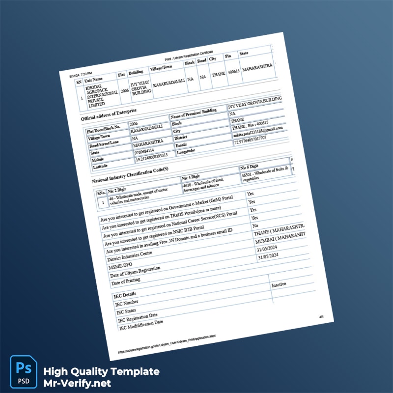 India Ministry of Micro Small and Medium Enterprises Editable MSME Registration Certificate Template in Word and PDF formats 4 page India Ministry of Micro Small and Medium Enterprises Editable MSME Registration Certificate Template in Word and PDF formats 4 page