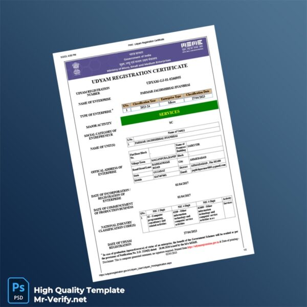 India Ministry of Micro Small and Medium Enterprises Editable Udyam Registration Certificate Template in Word and PDF formats 2 page India Ministry of Micro Small and Medium Enterprises Editable Udyam Registration Certificate Template in Word and PDF formats 2 page