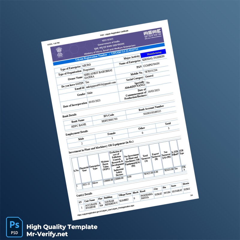 India Ministry of Micro Small and Medium Enterprises Editable Udyam Registration Certificate Template in Word and PDF formats 4 page India Ministry of Micro Small and Medium Enterprises Editable Udyam Registration Certificate Template in Word and PDF formats 4 page