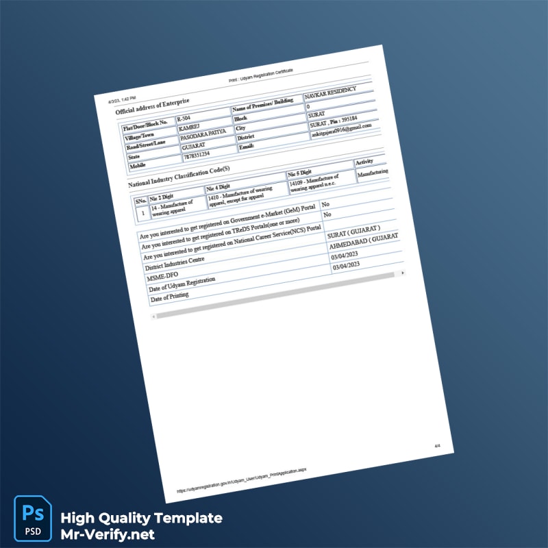 India Ministry of Micro Small and Medium Enterprises Editable Udyam Registration Certificate Template in Word and PDF formats 4 page India Ministry of Micro Small and Medium Enterprises Editable Udyam Registration Certificate Template in Word and PDF formats 4 page