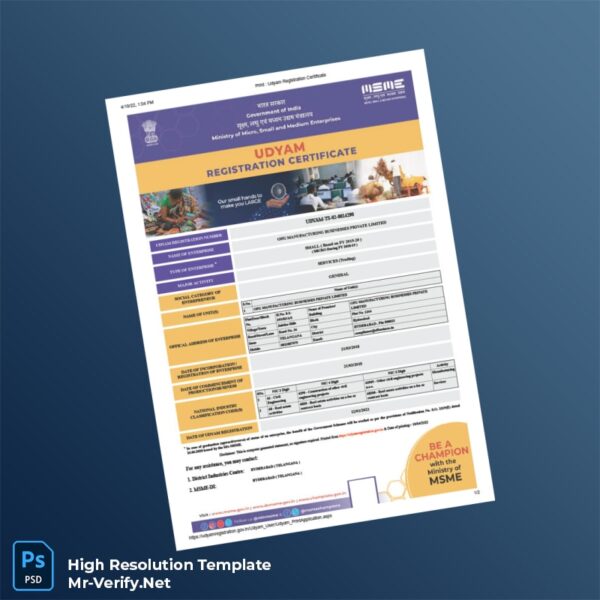 Editable India Ministry of Micro Small and Medium Enterprises MSME Registration Certificate Word and Pdf Template 2 page