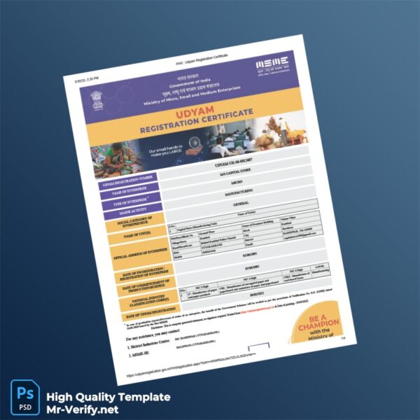 India Ministry of Micro Small and Medium Enterprises MSME Registration Certificate Template in Word and PDF formats 4 page India Ministry of Micro Small and Medium Enterprises MSME Registration Certificate Template in Word and PDF formats 4 page