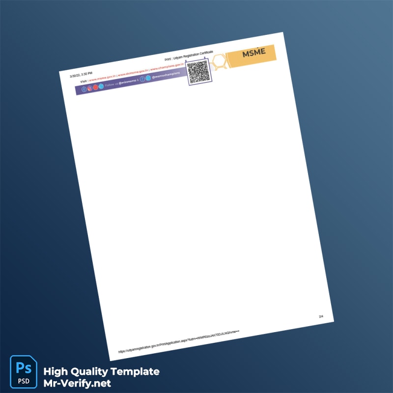 India Ministry of Micro Small and Medium Enterprises MSME Registration Certificate Template in Word and PDF formats 4 page India Ministry of Micro Small and Medium Enterprises MSME Registration Certificate Template in Word and PDF formats 4 page