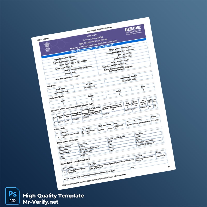 India Ministry of Micro Small and Medium Enterprises MSME Registration Certificate Template in Word and PDF formats 4 page India Ministry of Micro Small and Medium Enterprises MSME Registration Certificate Template in Word and PDF formats 4 page