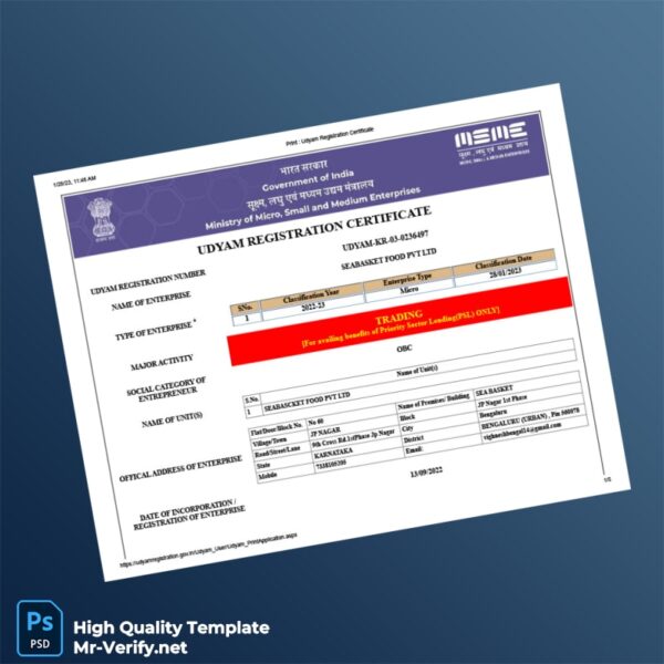 India Ministry of Micro Small and Medium Enterprises Udyam Registration Certificate Template in Word and PDF formats 5 page India Ministry of Micro Small and Medium Enterprises Udyam Registration Certificate Template in Word and PDF formats 5 page