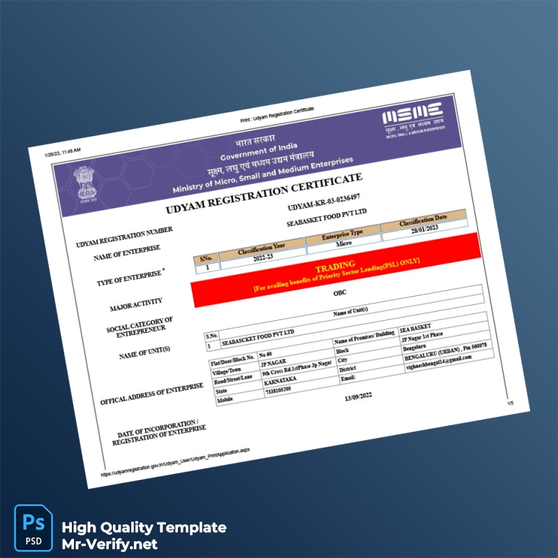 India Ministry of Micro Small and Medium Enterprises Udyam Registration Certificate Template in Word and PDF formats 5 page India Ministry of Micro Small and Medium Enterprises Udyam Registration Certificate Template in Word and PDF formats 5 page