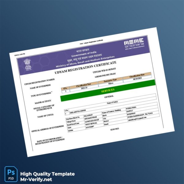 India Ministry of Micro Small and Medium Enterprises Udyam Registration Certificate Template in Word and PDF formats 5 page India Ministry of Micro Small and Medium Enterprises Udyam Registration Certificate Template in Word and PDF formats 5 page